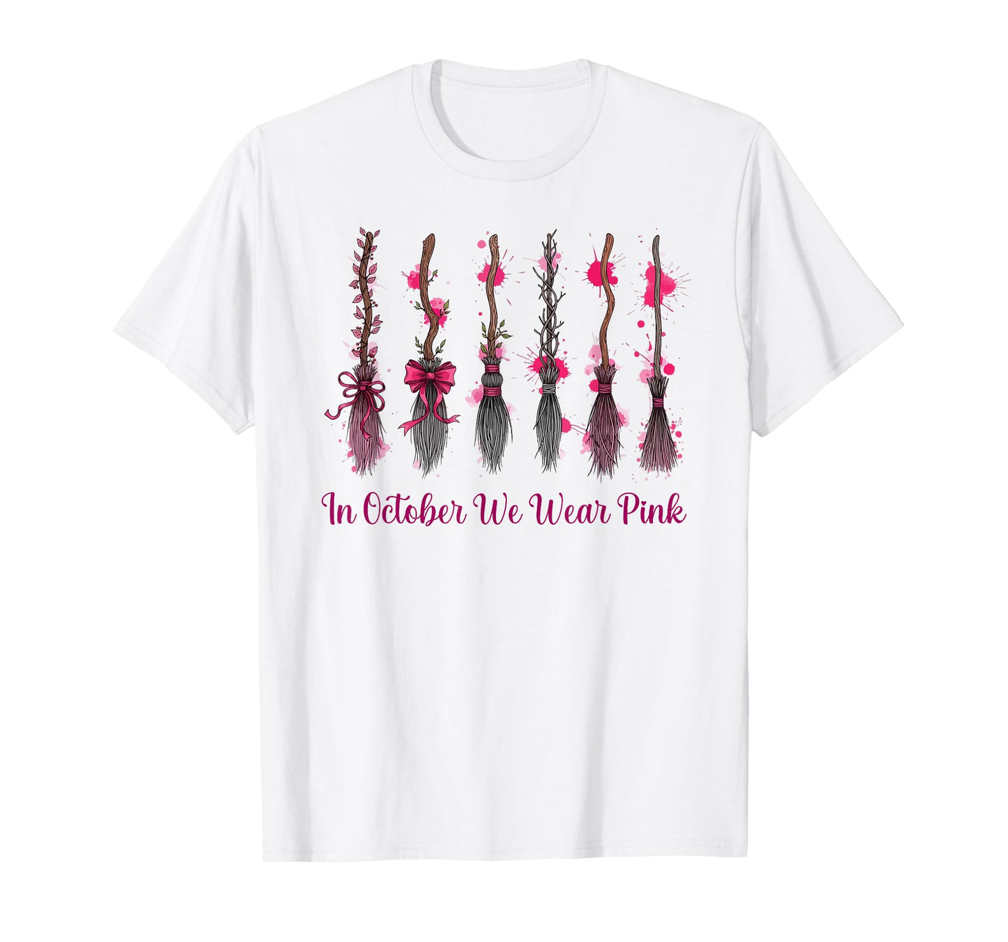 in October We Wear Pink Witches Brooms Spooky Breast Cancer T-Shirt