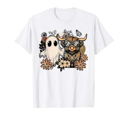 Floral Fall Highland Cow Ghost Boho Pumpkin Coquette T-Shirt