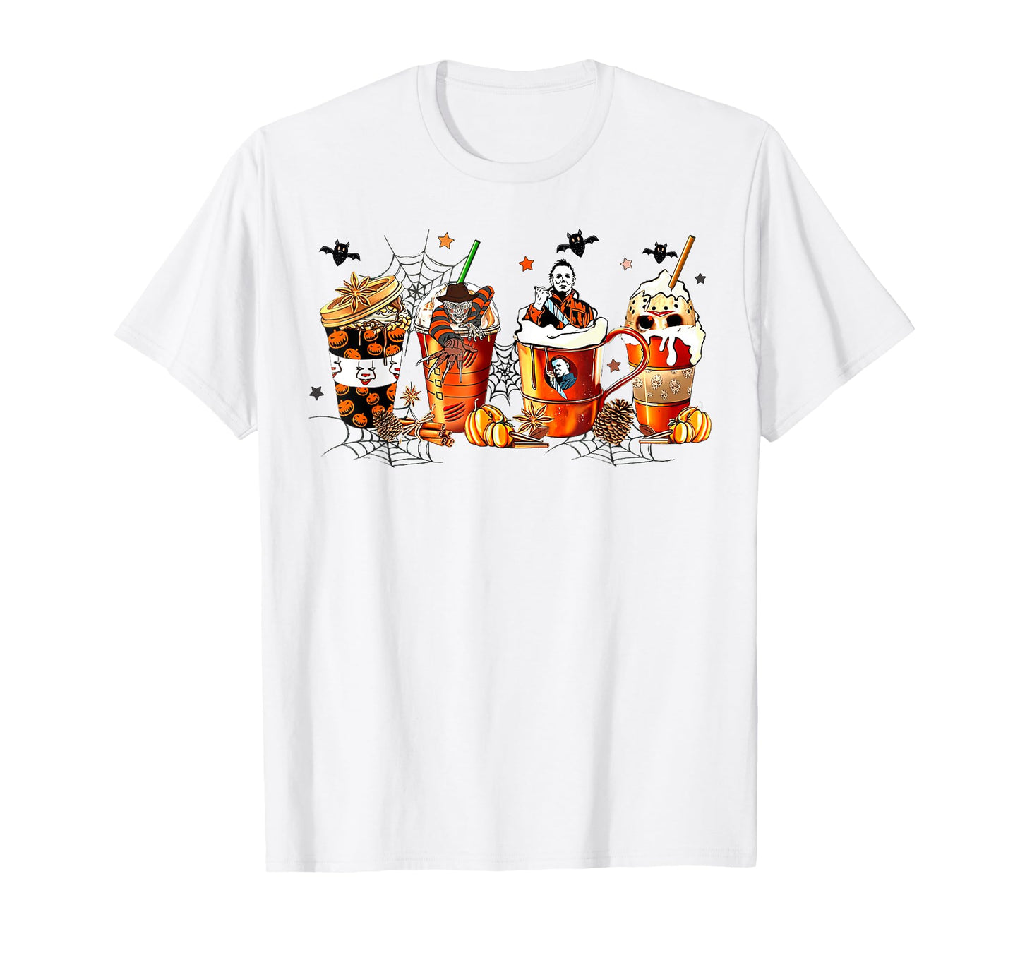 Vintage Halloween Horror Latte Coffee Cups Ghost Skeleton T-Shirt