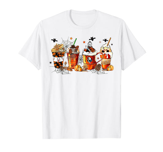 Vintage Halloween Horror Latte Coffee Cups Ghost Skeleton T-Shirt