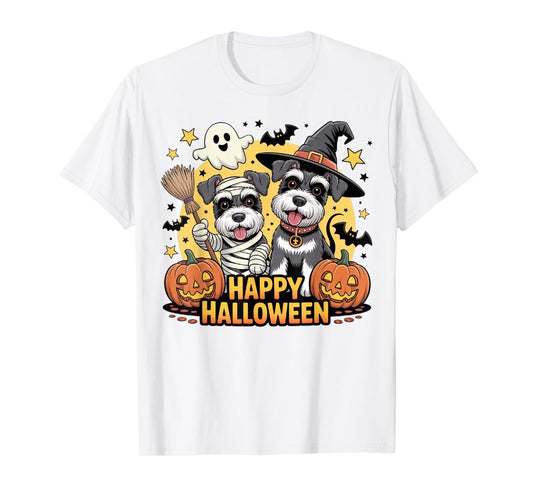 Cute Schnauzer Dog Lovers Halloween with Pumpkins Ghost Dog T-Shirt