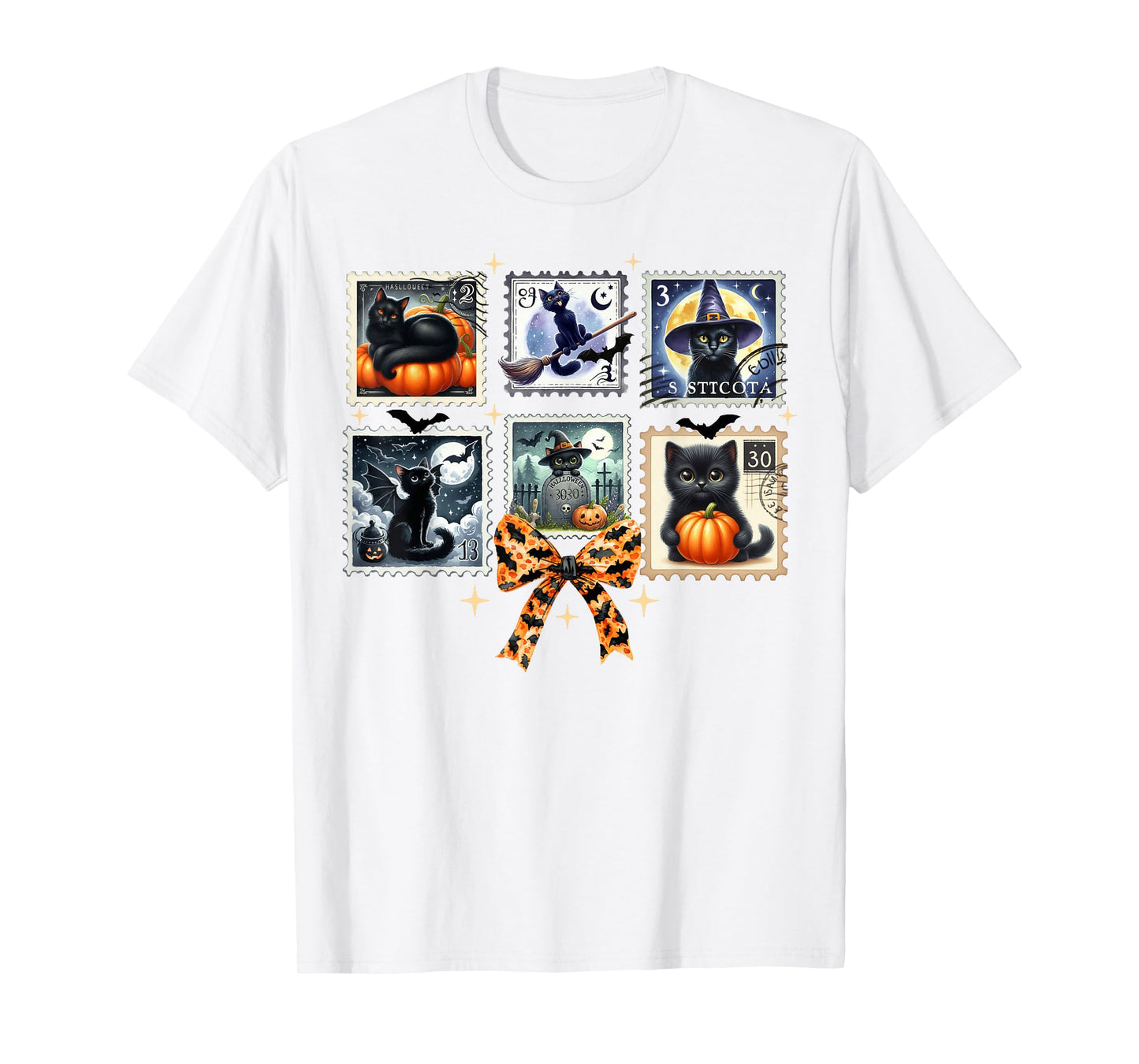 Cute Kawaii Black Cat Halloween Postage Stamp Design T-Shirt