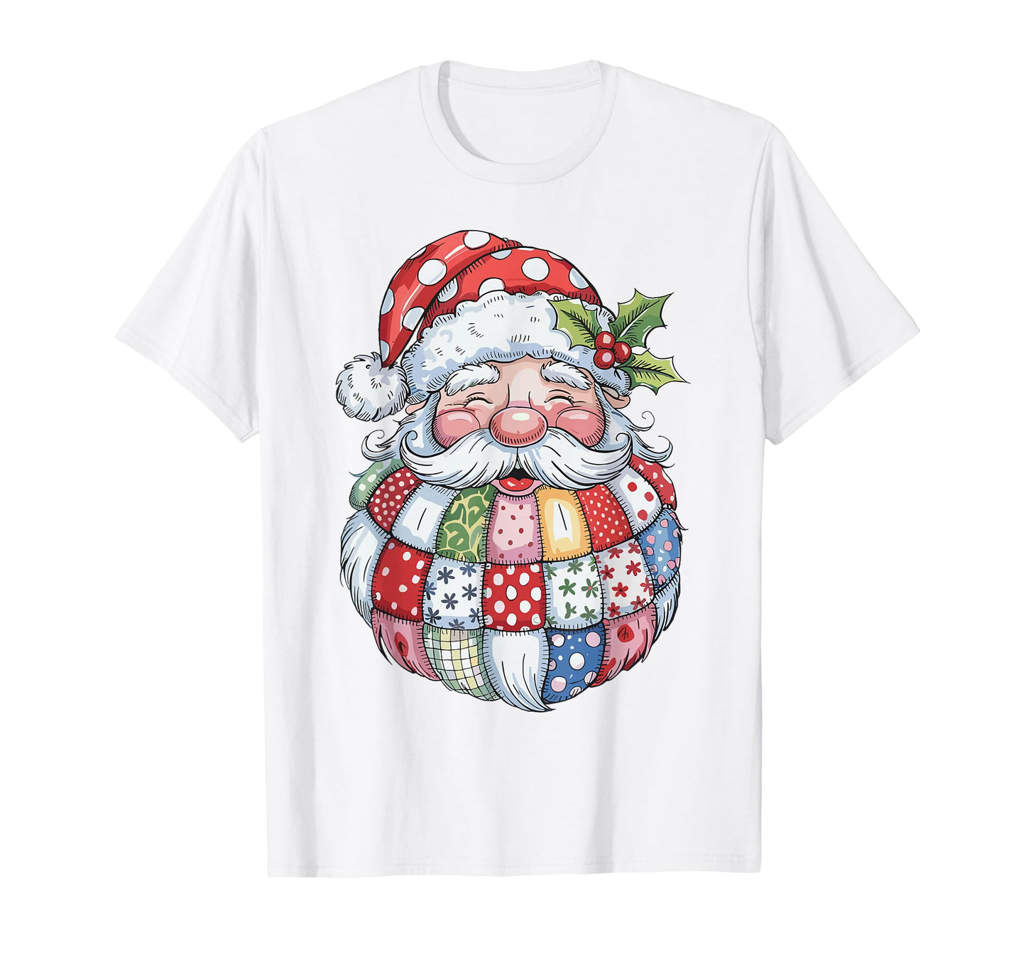 Santa Claus Face Colorful Patchwork Preppy Santa Christmas T-Shirt