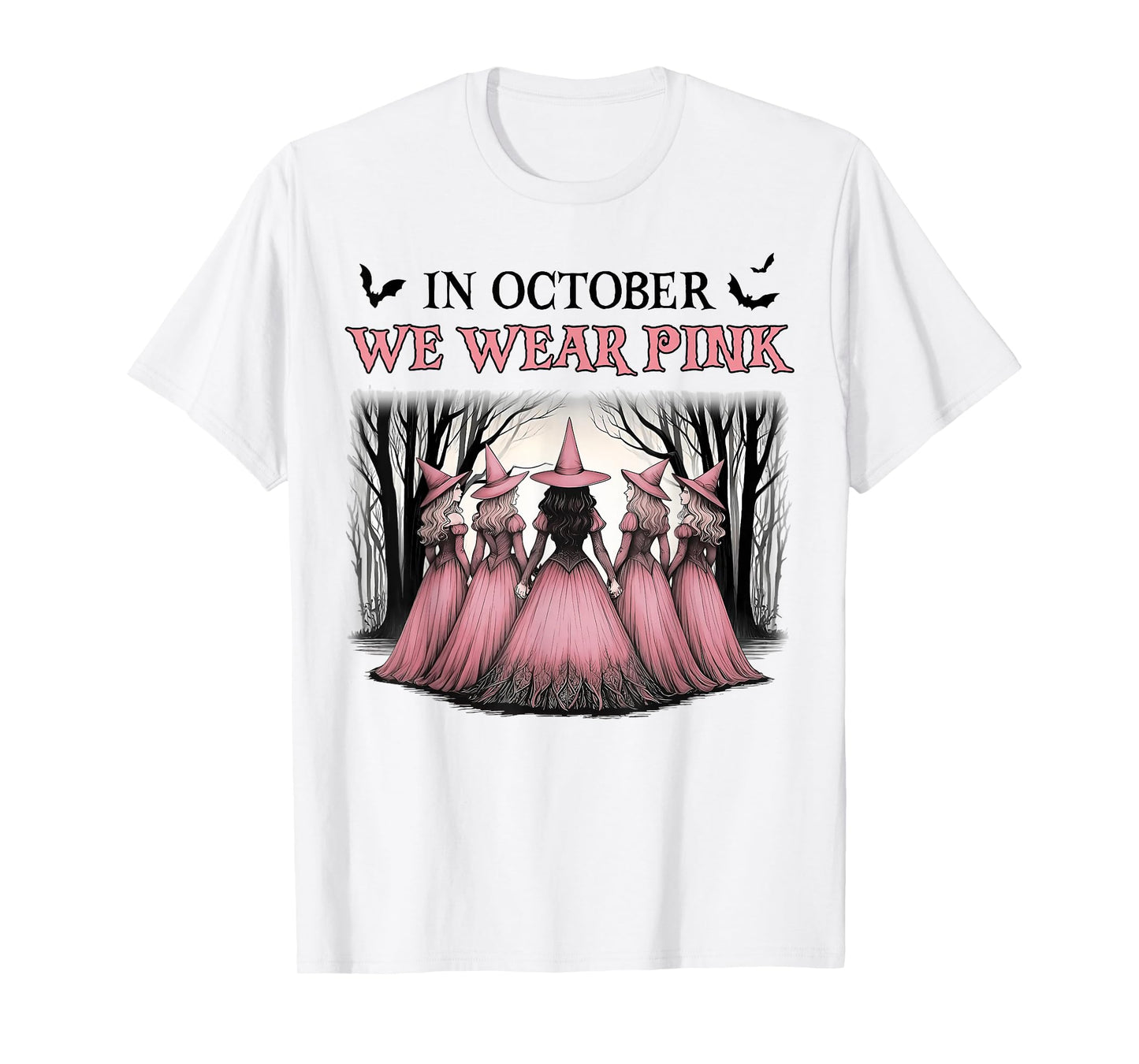 in October We Wear Pink Witch Halloween Breast Cancer Women T-Shirt
