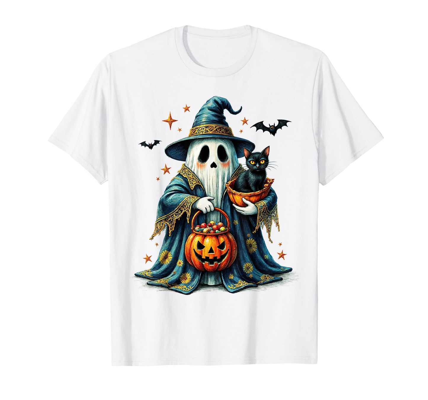 Ghost Holding Black Cat Lover Halloween 2025 Groovy Floral T-Shirt