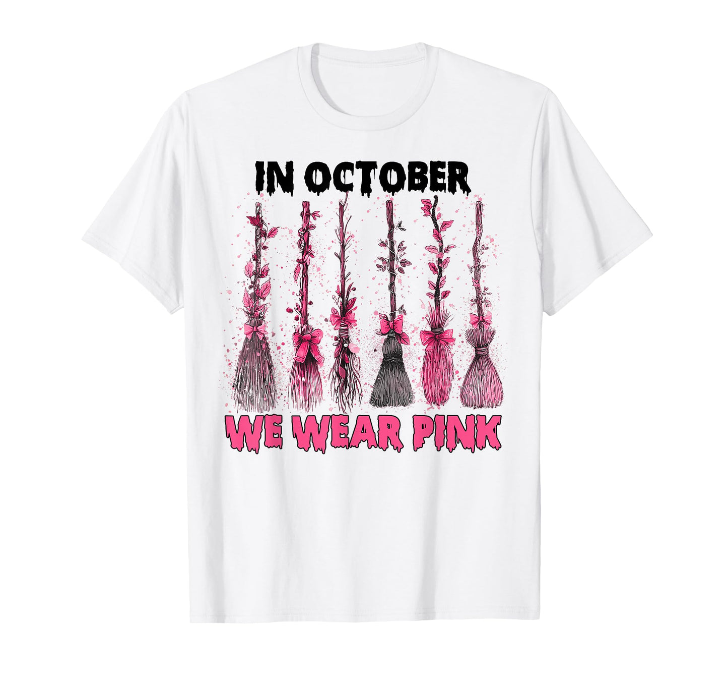 in October We Wear Pink Witch Brooms Breast Cancer Support T-Shirt