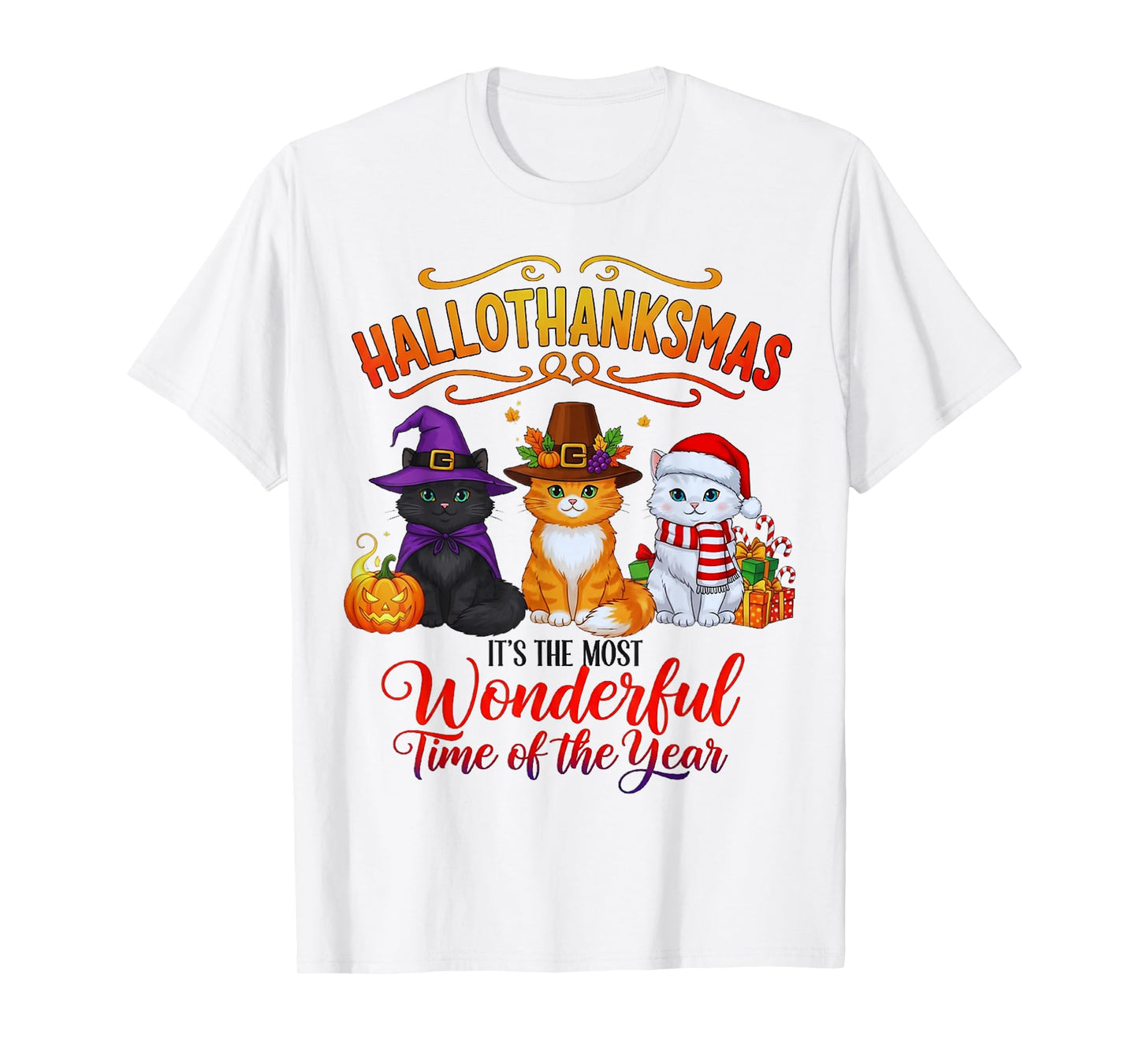 Hallothanksmas Cats Funny Holiday Halloween Xmas Tee T-Shirt