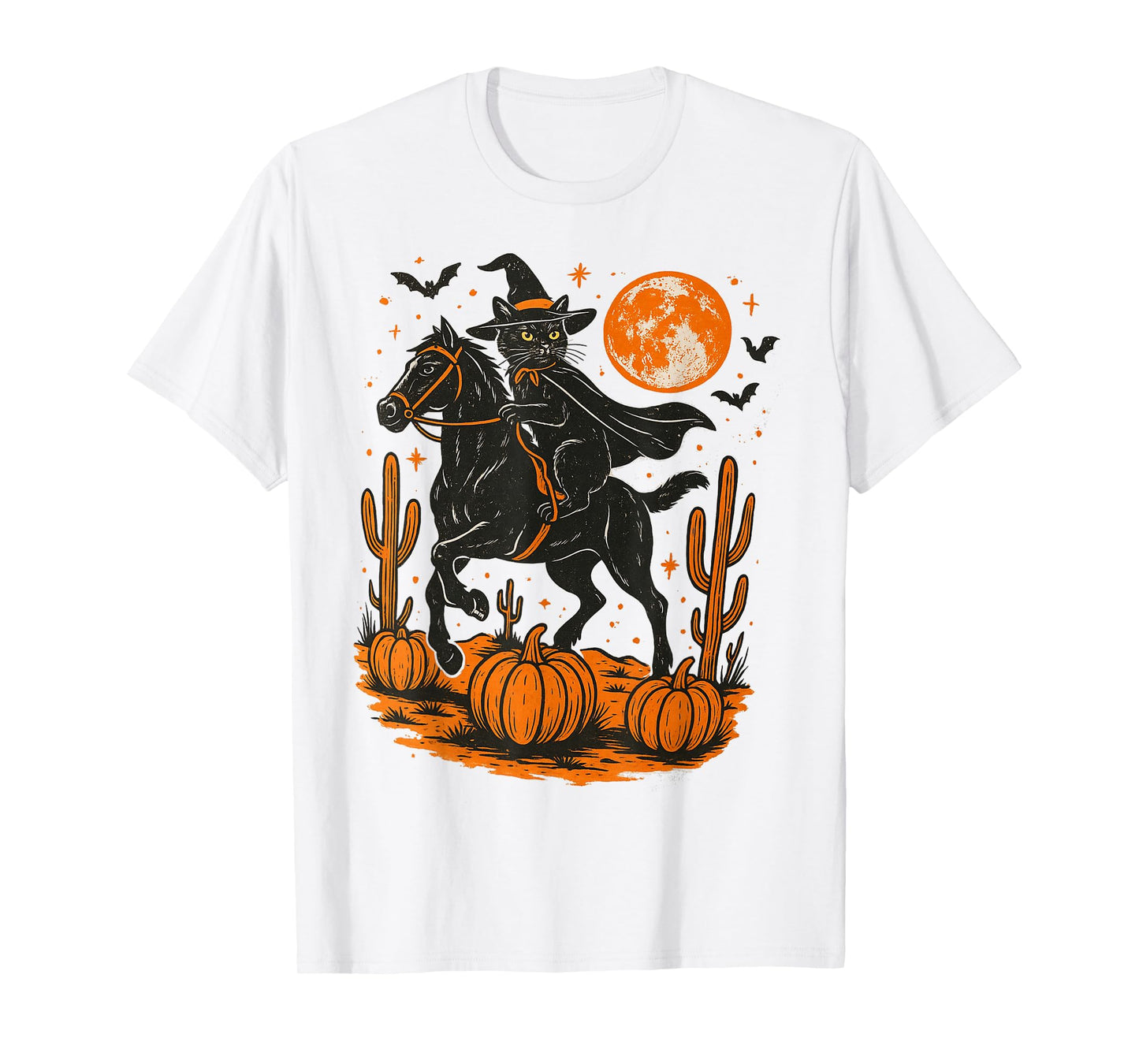 Witch Black Cat Riding Horse Halloween Pumpkin Moon Western T-Shirt