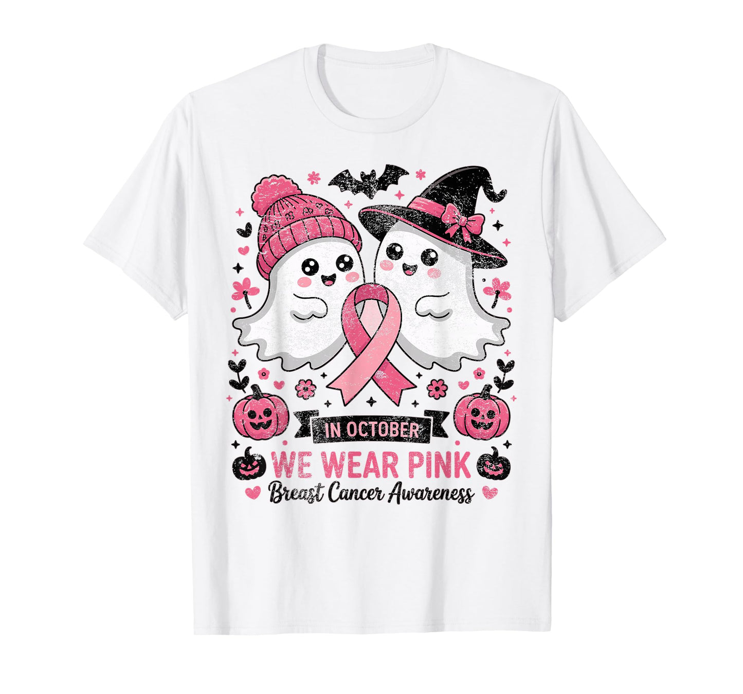 in October We Wear Pink Ghost Witch Breast Cancer Awareness T-Shirt