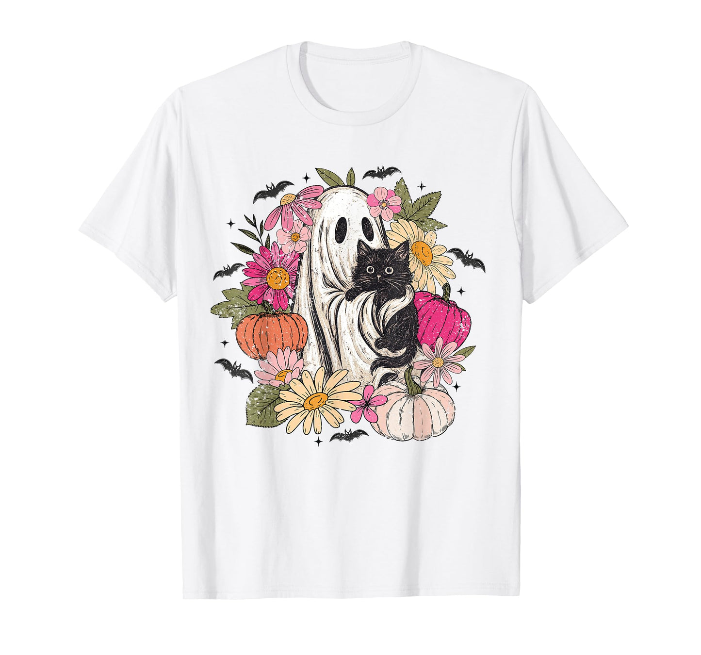 Vintage Halloween Ghost Holding Black Cat Groovy Floral T-Shirt