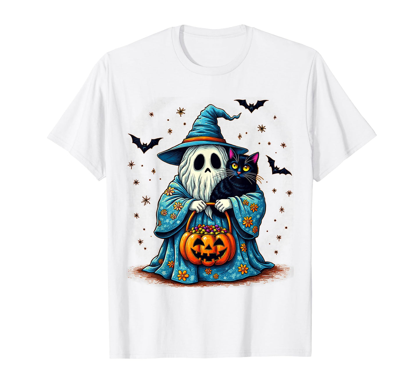 Halloween 2025 Ghost Holding Black Cat Groovy Floral Vintage T-Shirt