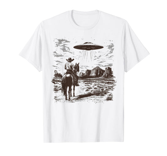 Vintage Rodeo Cowboy Western Country Spaceship UFO Alien T-Shirt