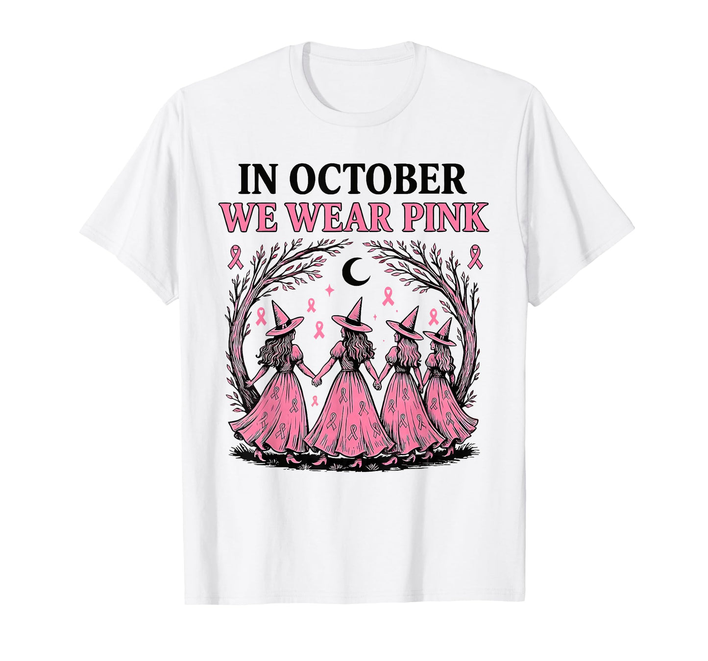 in October We Wear Pink Witch Halloween Breast Cancer T-Shirt