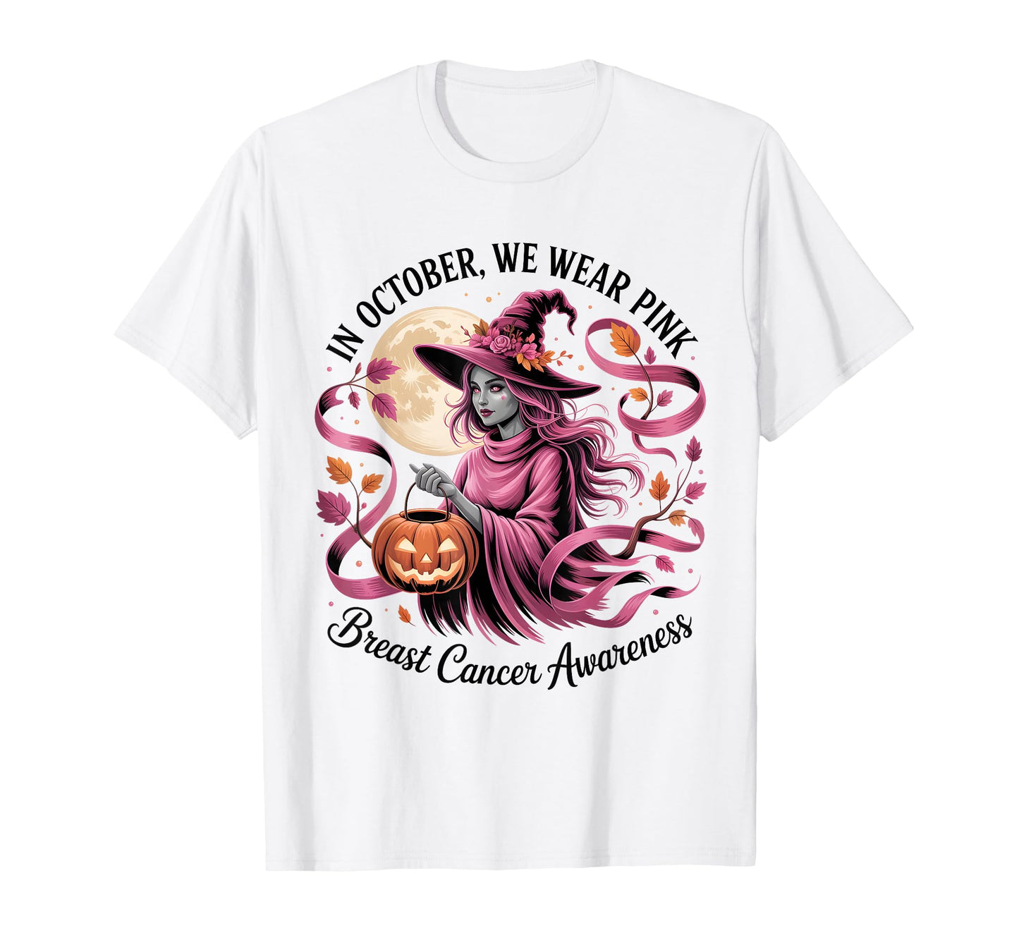 in October We Wear Pink Ribbon Halloween Ghost Witch T-Shirt