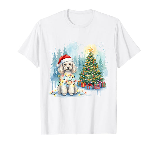 Festive Fluffy Poodle Christmas Santa Hat and Lights Winter T-Shirt