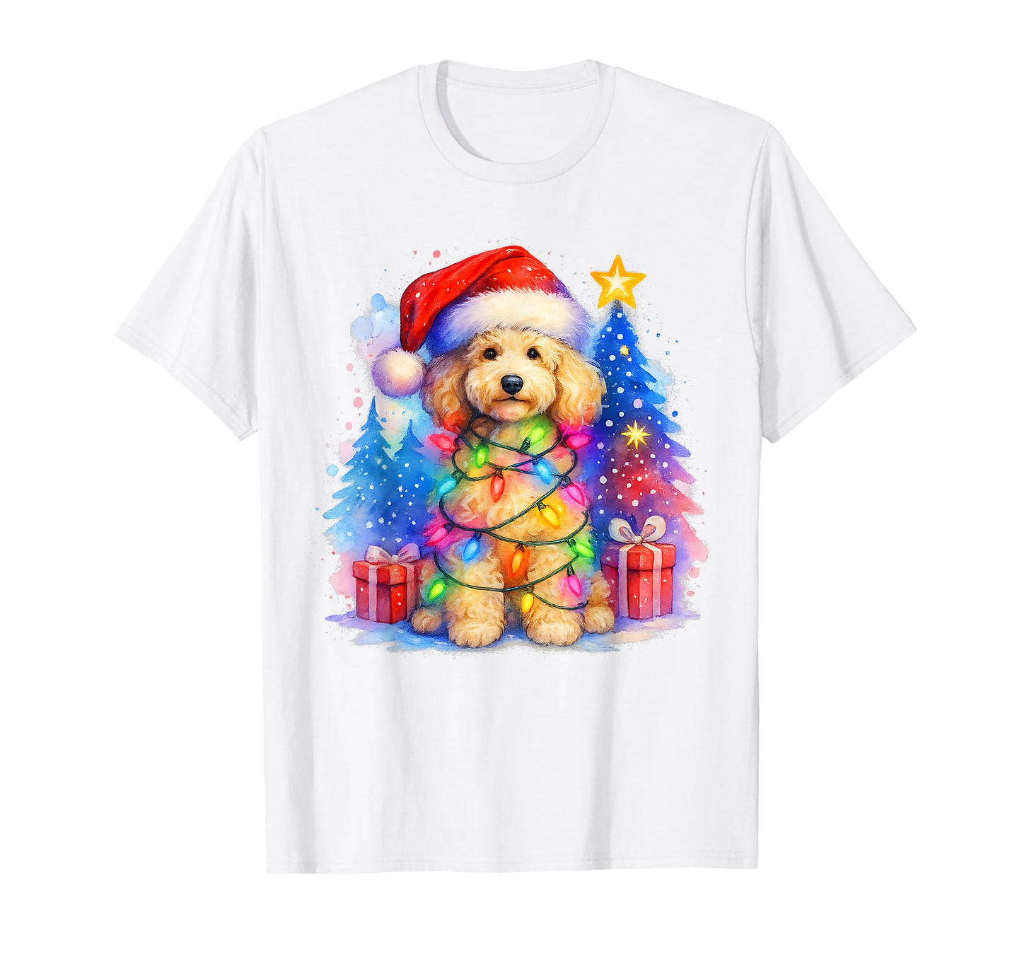 Festive Fluffy Poodle Christmas Santa Hat and Lights Winter T-Shirt