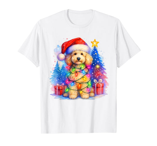 Festive Fluffy Poodle Christmas Santa Hat and Lights Winter T-Shirt