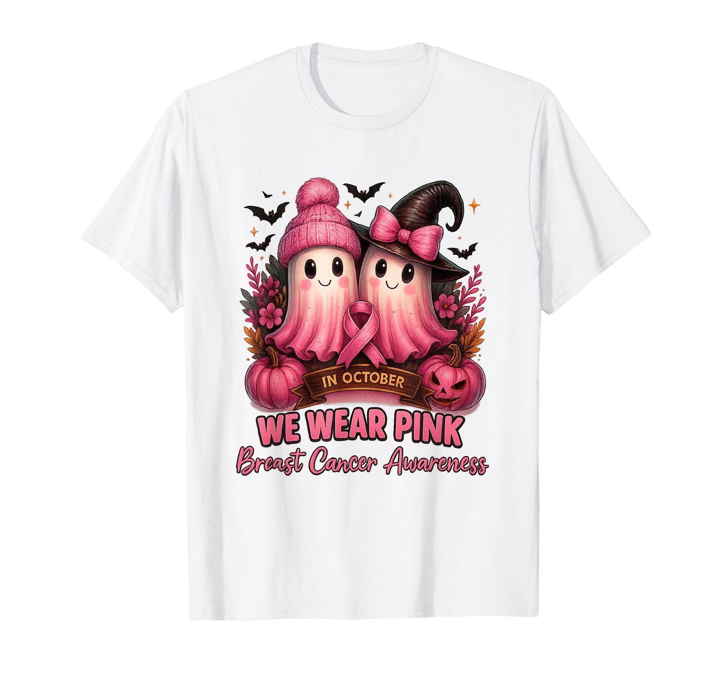 in October We Wear Pink Witch Ghost Breast Cancer Awareness T-Shirt