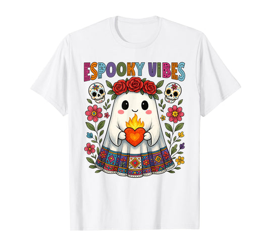 Espooky Vibes Spanish Mexican Halloween Floral Ghost Teacher T-Shirt