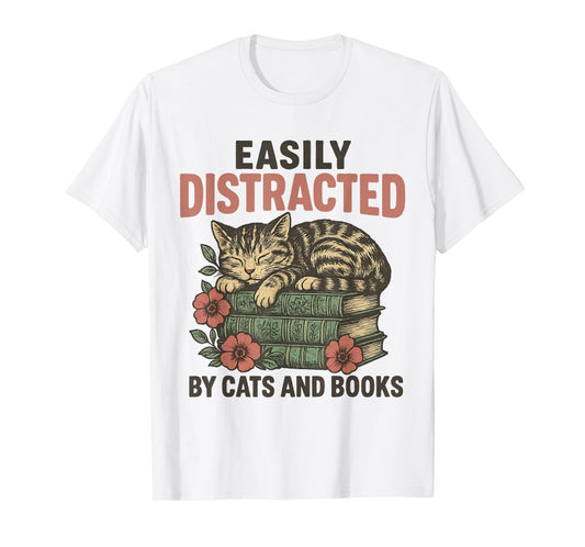 Easily Distracted By Cats and Books Funny Vintage T-Shirt