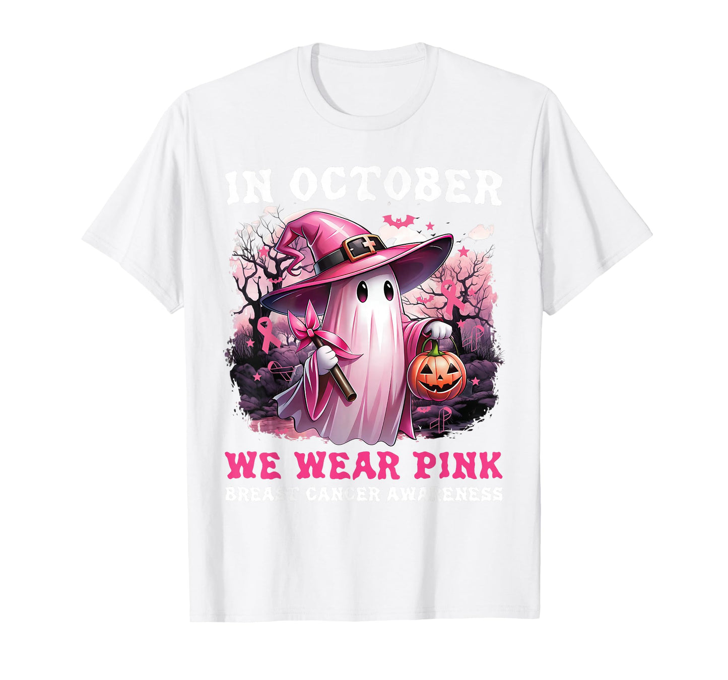 in October We Wear Pink Ghost Witch Breast Cancer Awareness T-Shirt
