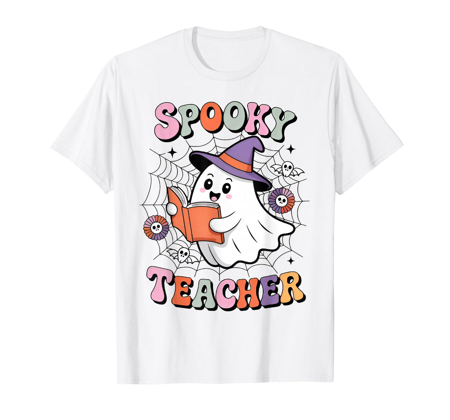 Groovy Spooky Season Teacher Halloween Retro Floral Ghost T-Shirt