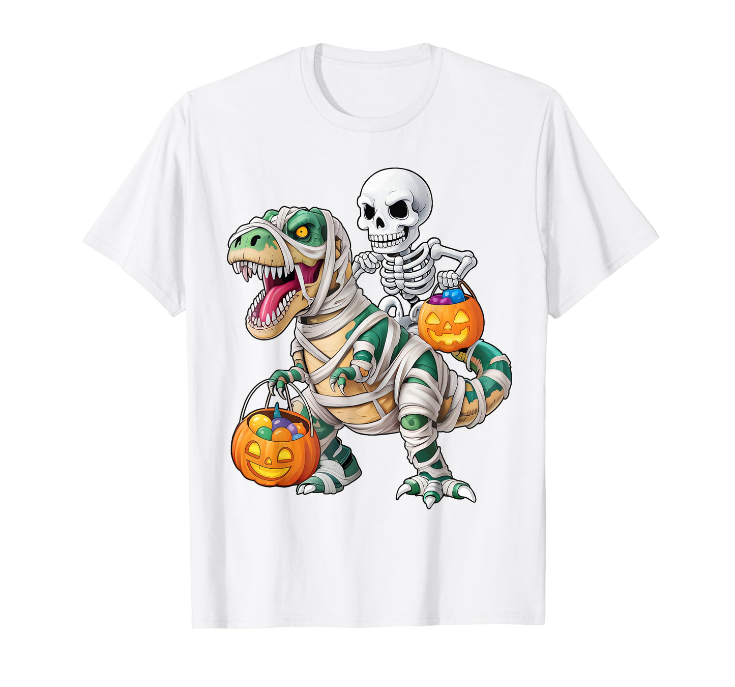 Skeleton Riding Mummy Dino Pumpkin Candy Halloween Costume T-Shirt