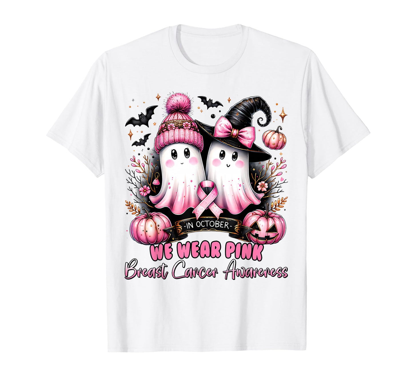 In October We Wear Pink Ghost Witch Breast Cancer Awareness T-Shirt