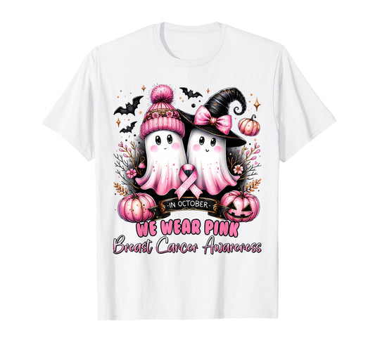 In October We Wear Pink Ghost Witch Breast Cancer Awareness T-Shirt