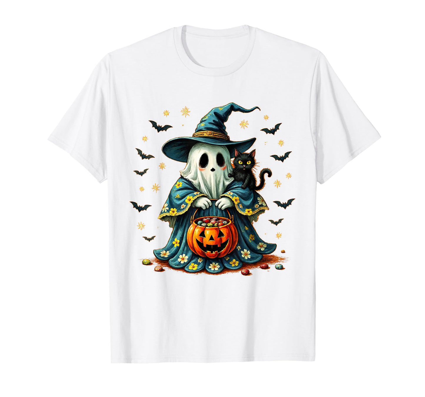 Halloween 2025 Ghost Holding Black Cat Groovy Floral Vintage T-Shirt