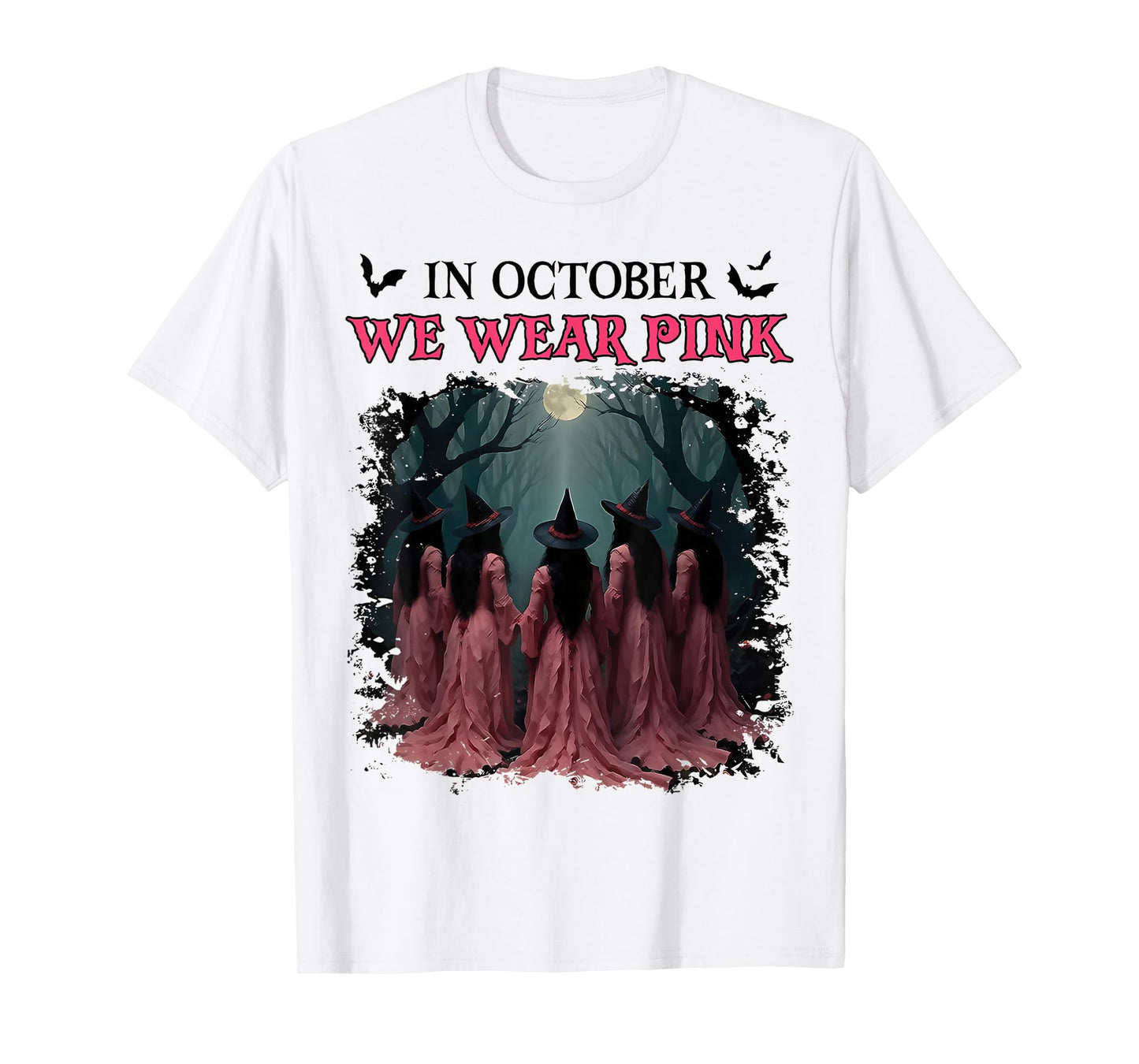 in October We Wear Pink Womens Ghost Witch Breast Cancer T-Shirt