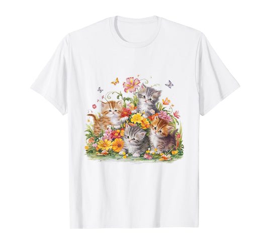 Floral Vintage Aesthetic Painted Kittens and Pressed Flower T-Shirt