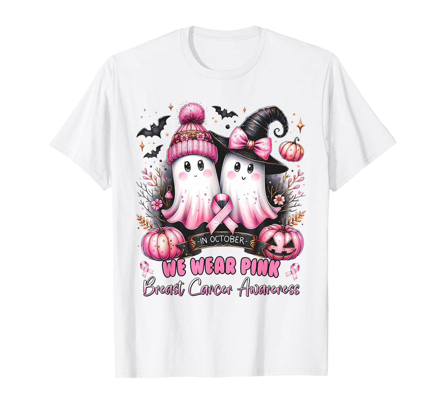 in October We Wear Pink Ghost Witch Breast Cancer Awareness T-Shirt