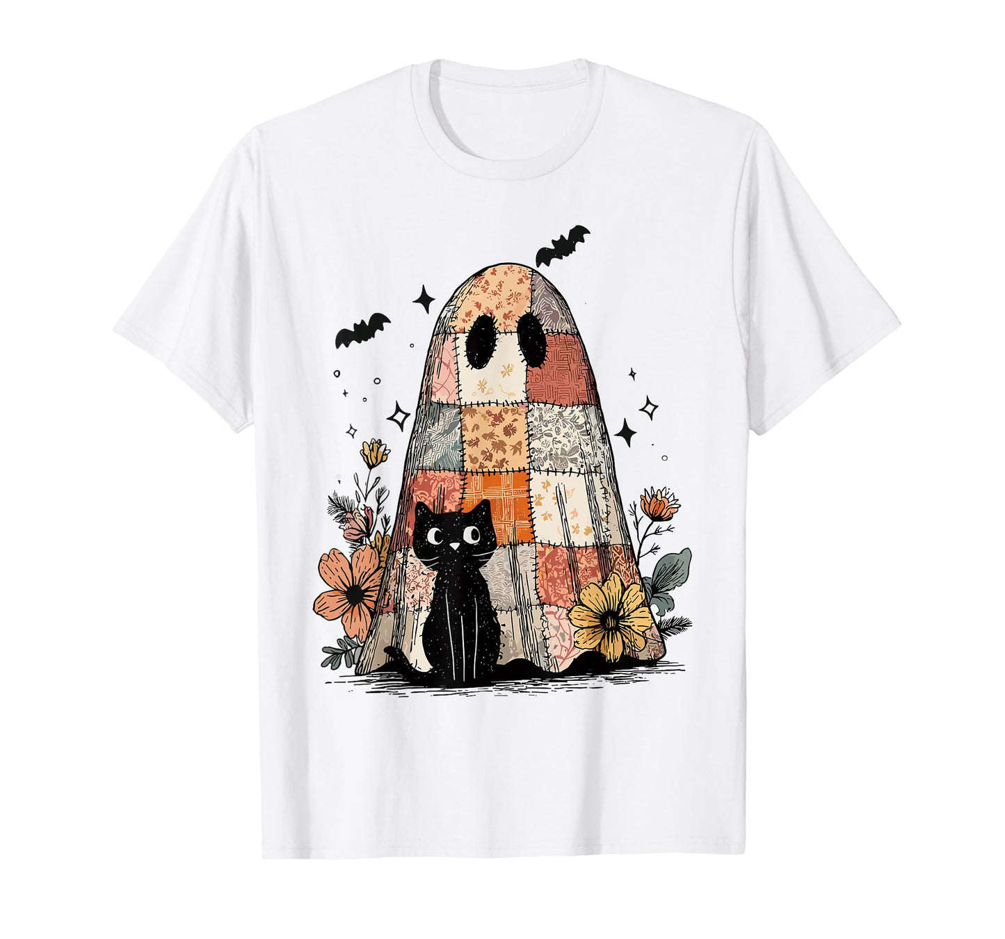 Retro Patchwork Ghost and Cat Floral Hallowee Spooky Season T-Shirt