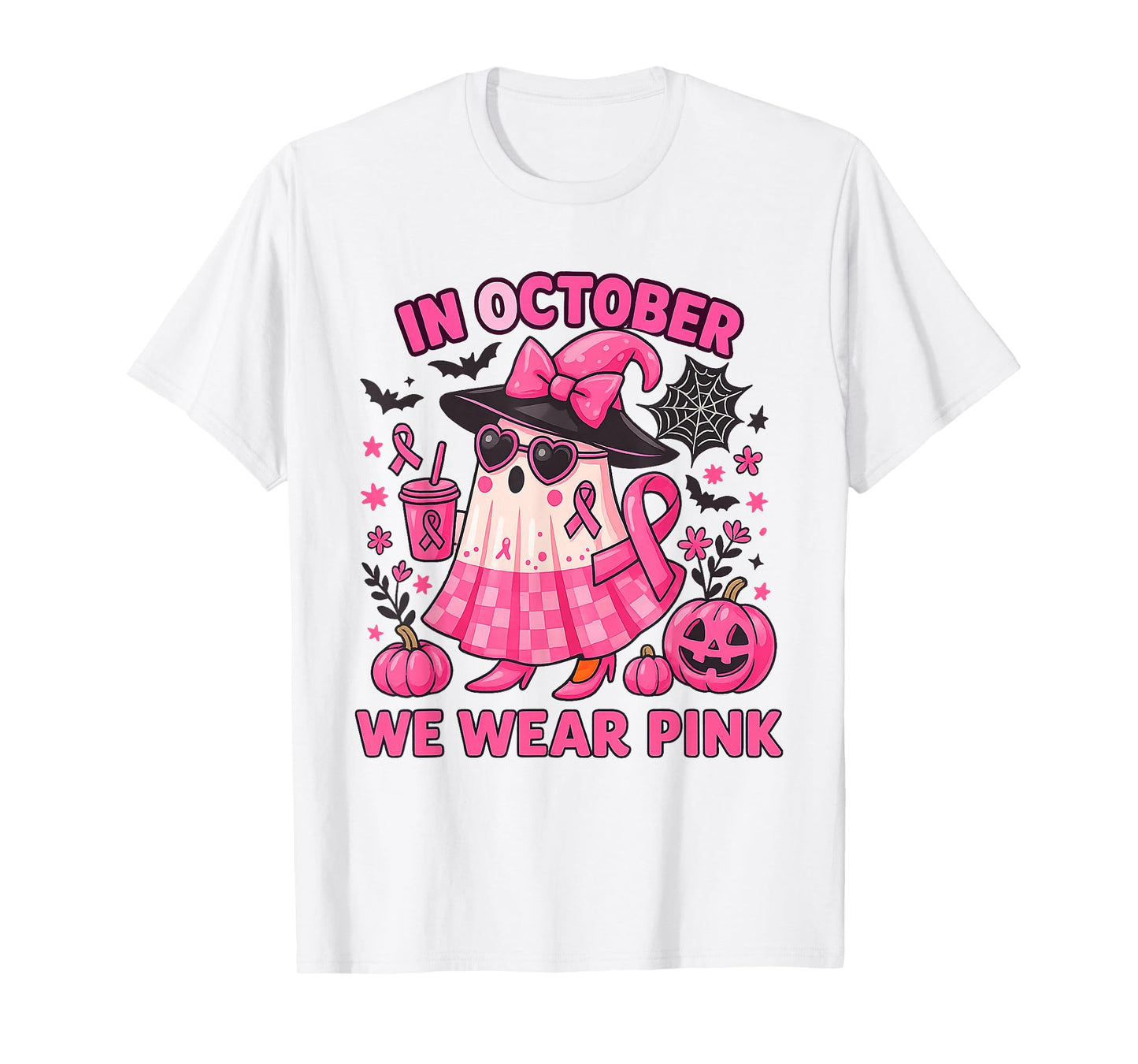 in October We Wear Pink Ghost Witch Breast Cancer Awareness T-Shirt