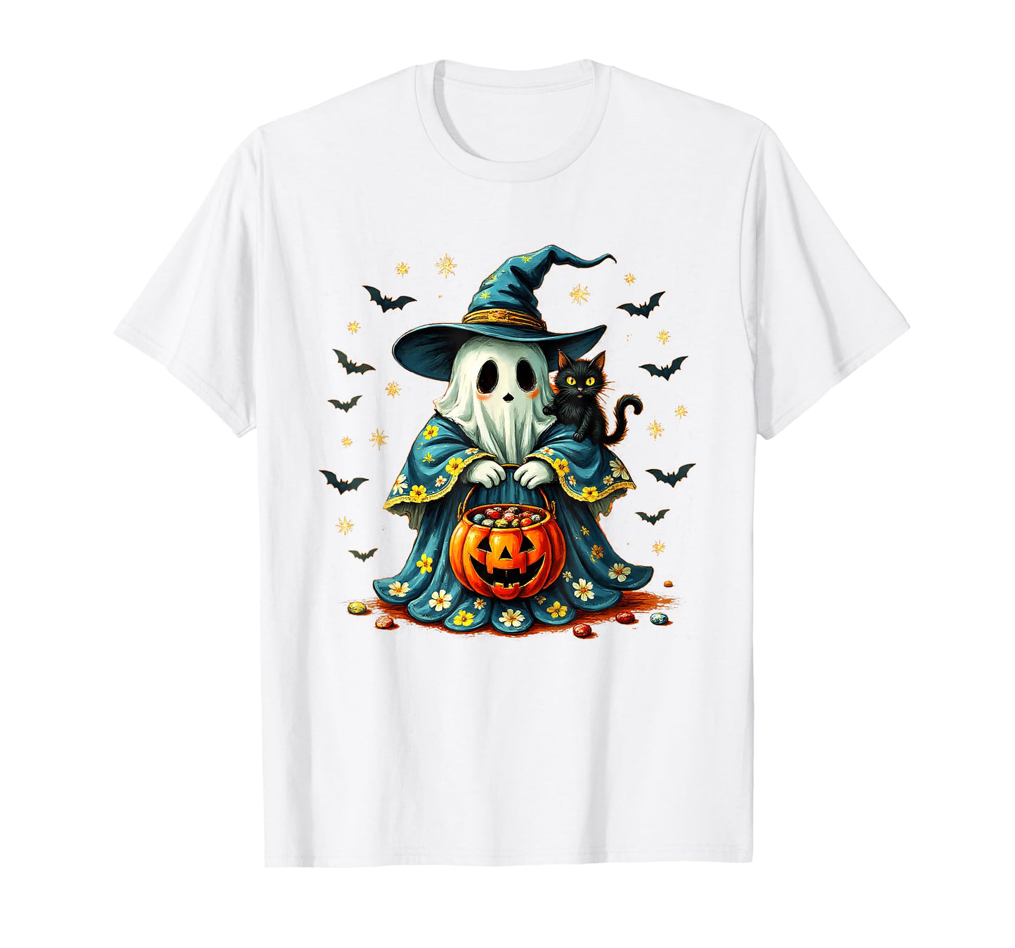 Vintage Halloween Ghost Holding Black Cat Groovy Floral T-Shirt