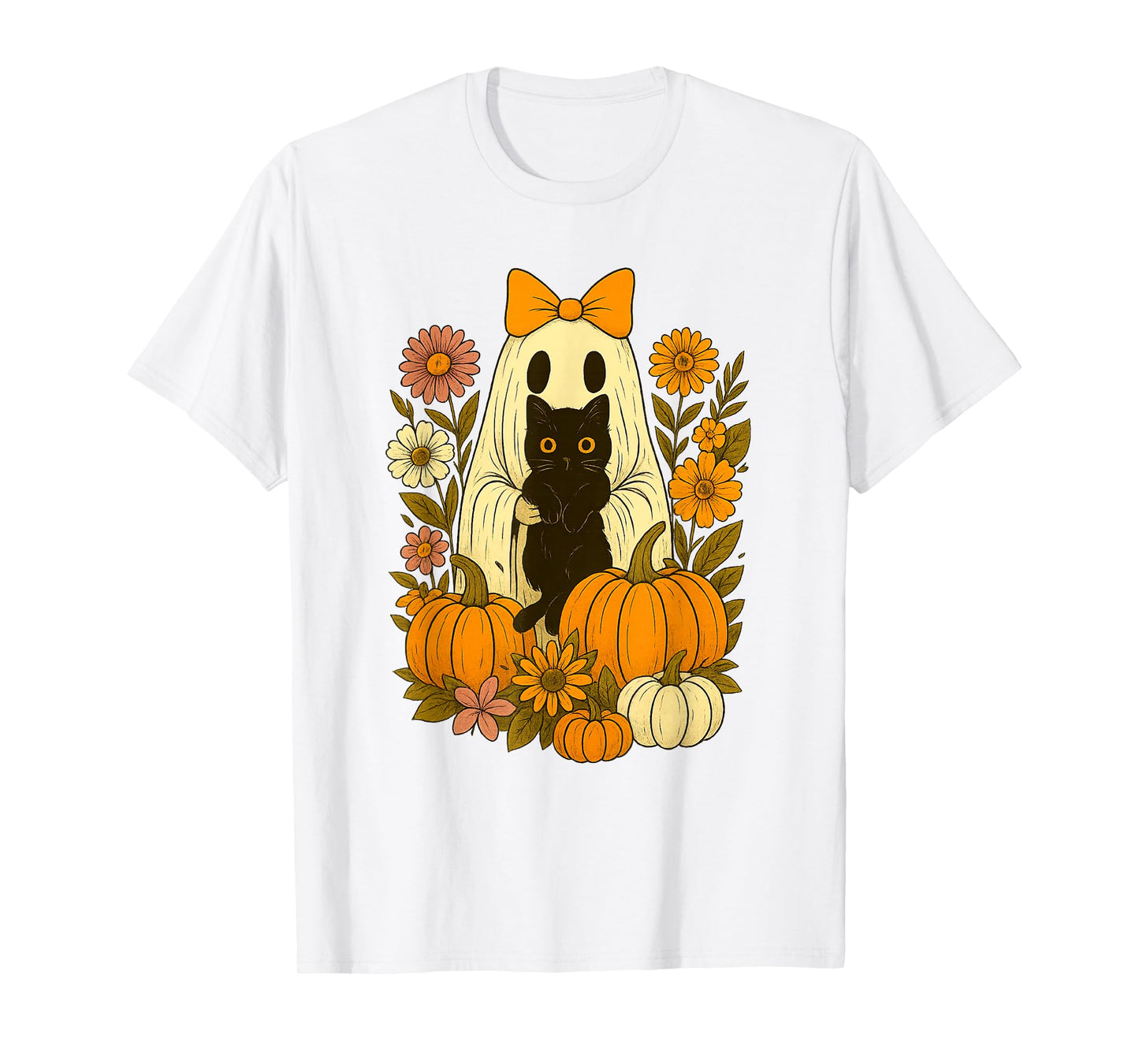 Vintage Cute Halloween Ghost Holding Cat Groovy Floral T-Shirt