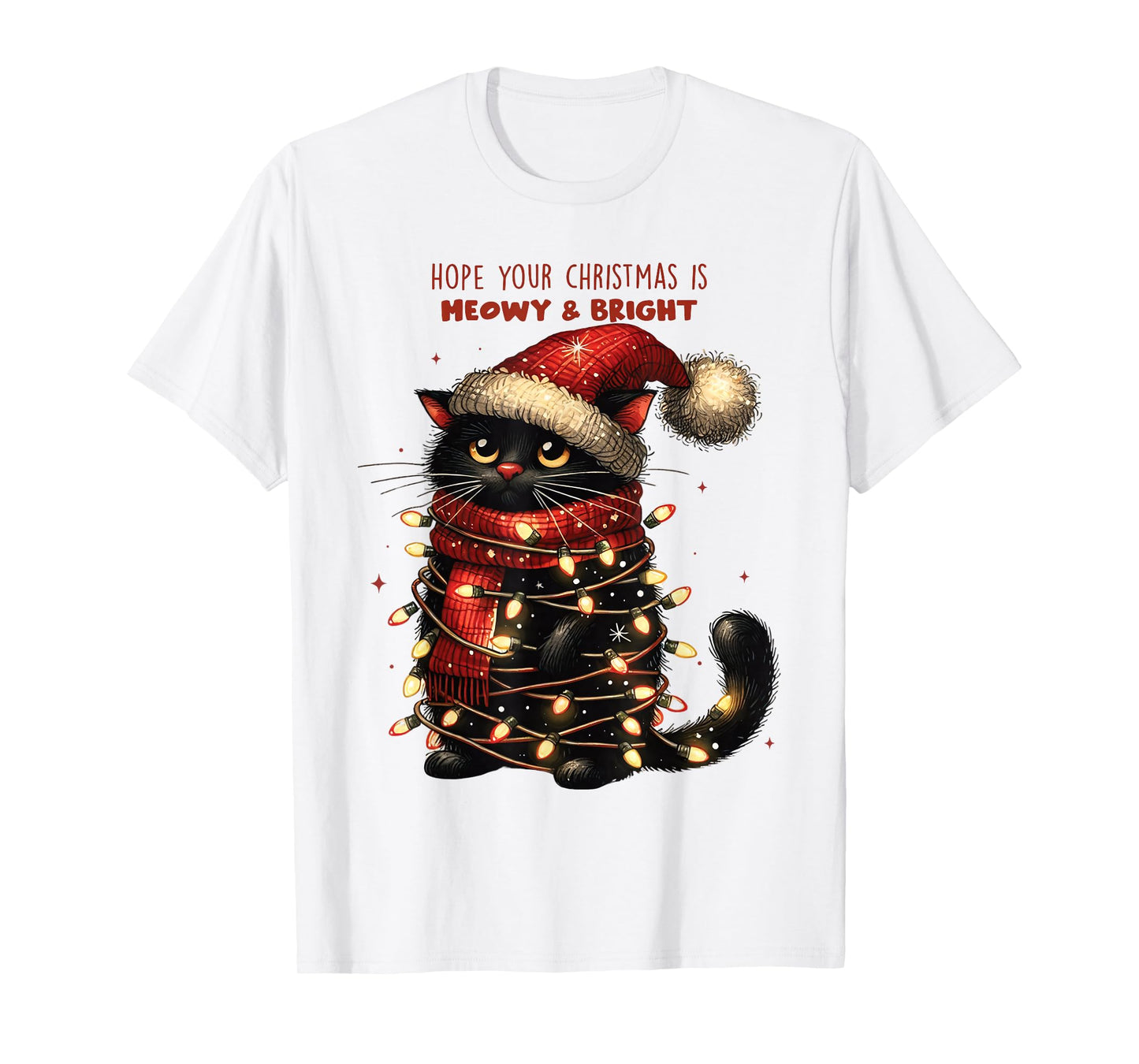Funny Christmas Cat Shirt Wrapped in Lights Meowy and Bright T-Shirt