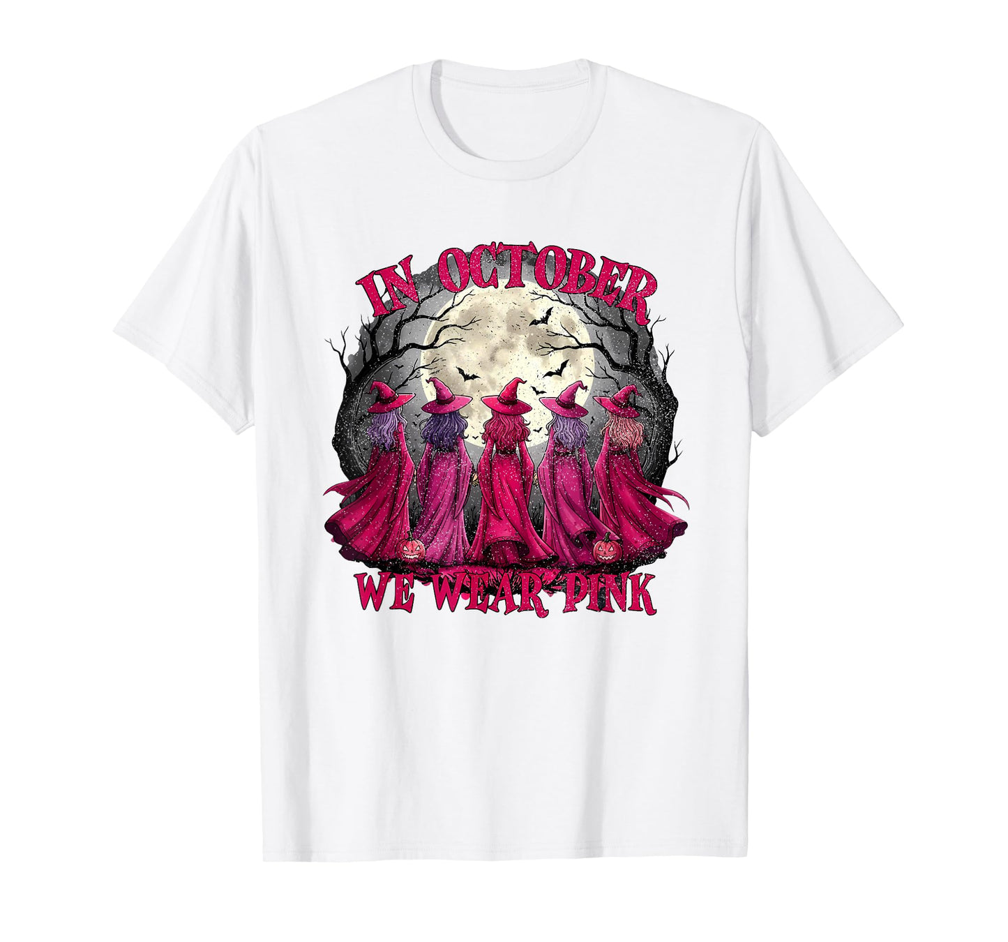in October We Wear Pink Witch Halloween Breast Cancer Women T-Shirt