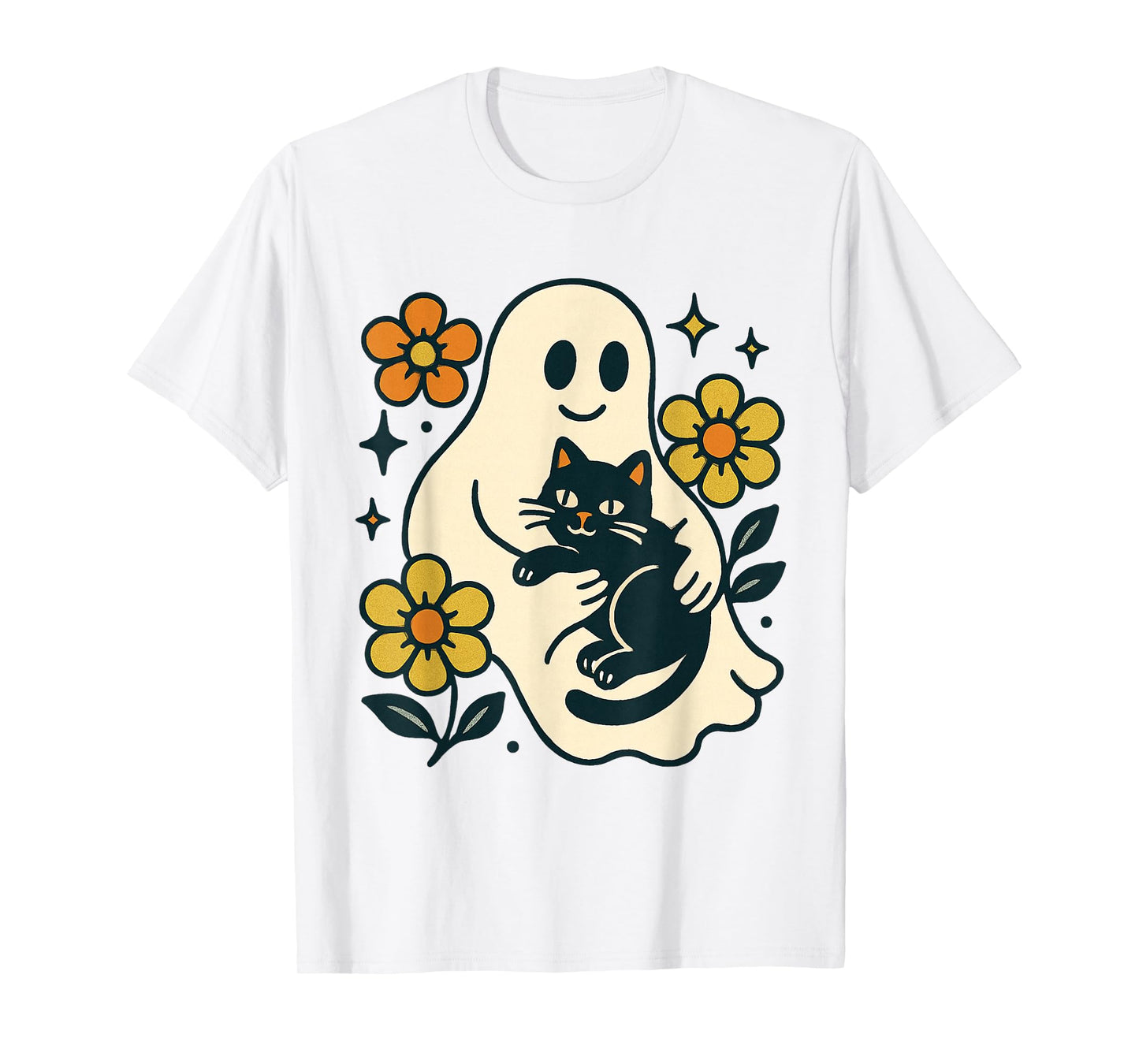 Vintage Halloween Ghost Holding Black Cat Groovy Floral T-Shirt