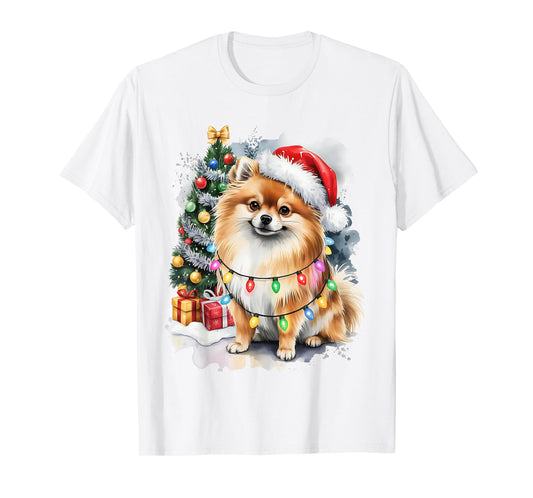Cute Santa Pomeranian Dog Tangled in Christmas Lights Winter T-Shirt