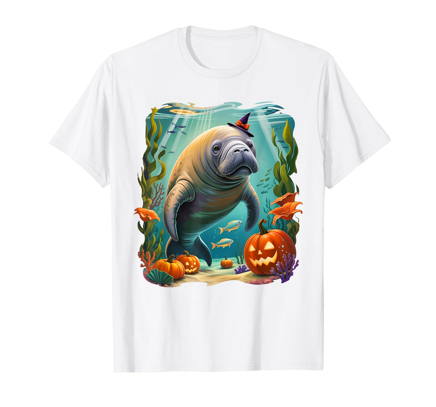 Manatee Witch Hat Pumpkin Halloween Dugong Costume Men Women T-Shirt