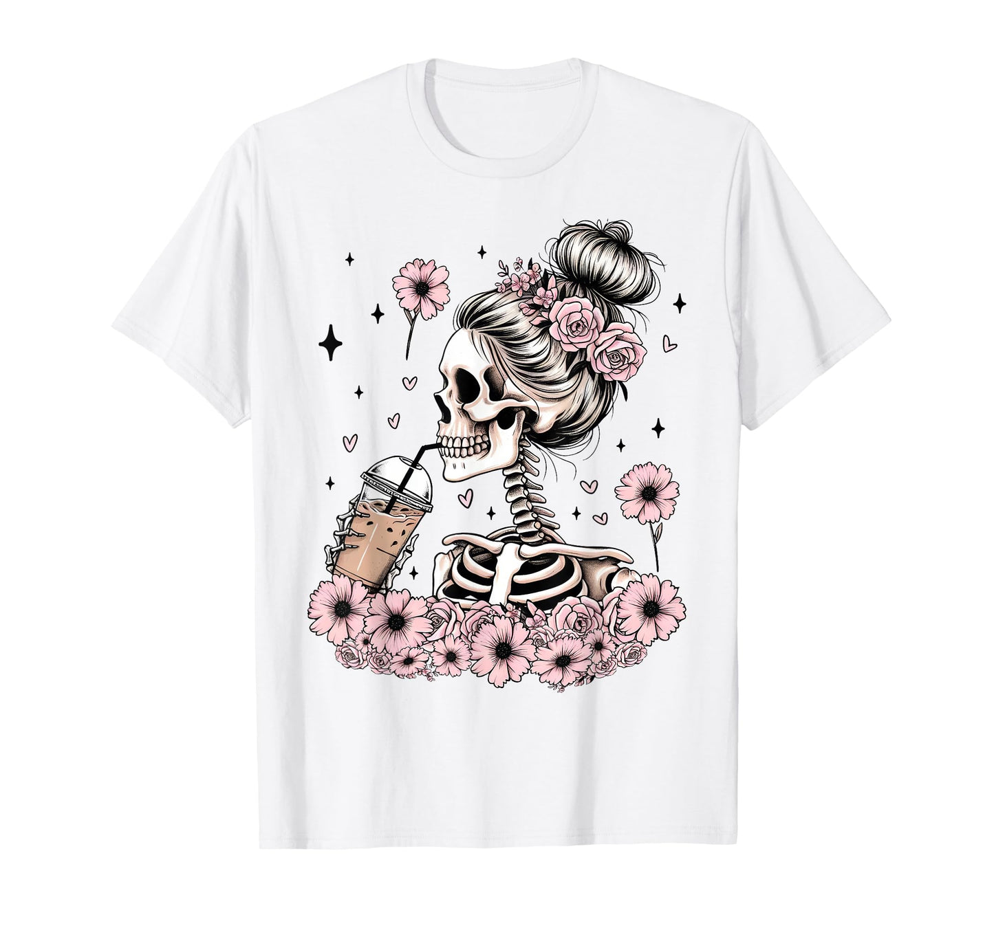 Skeleton Messy Bun Funny Costume Mom Women Halloween T-Shirt