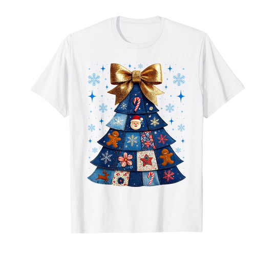 Denim Christmas Tree Quilt Patchwork Merry Christmas Fabric T-Shirt