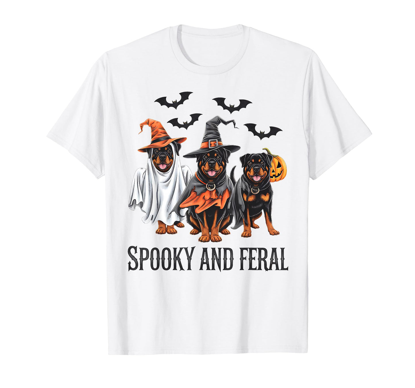 Rottweiler Halloween Spooky and Feral Dog Ghost Pumpkin T-Shirt