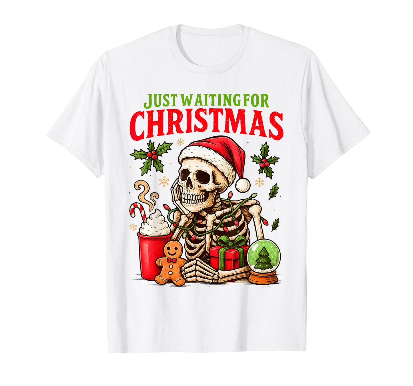 Just Waiting for Christmas Holiday Santa Claus Skeleton T-Shirt