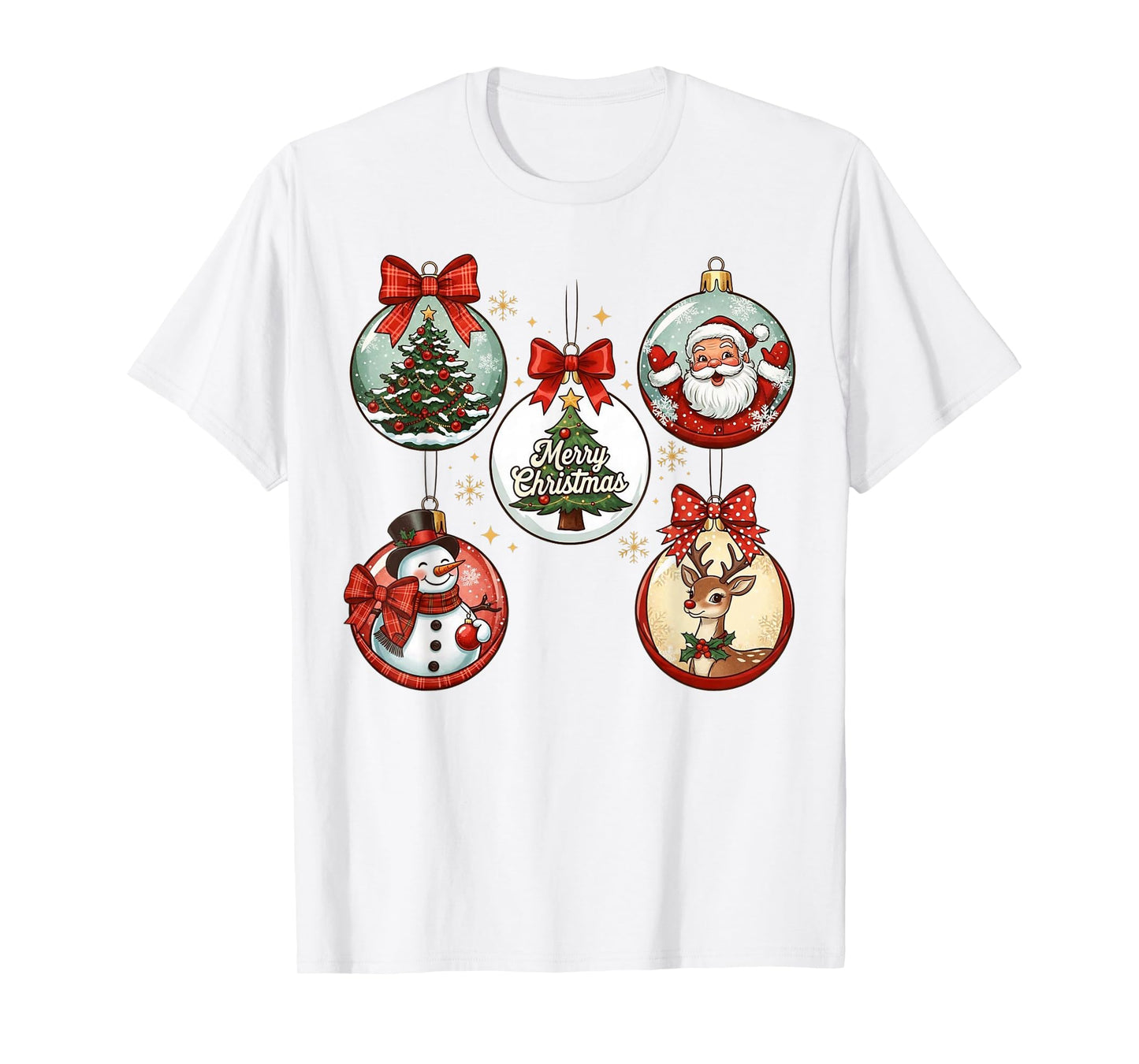 Santa Reindeer Snowman and Tree Merry Christmas Ornament T-Shirt
