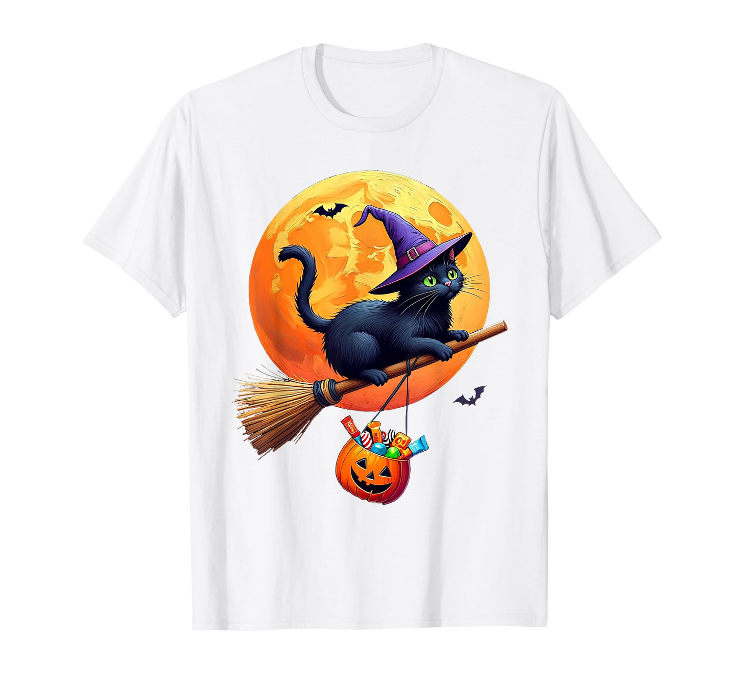 Cat Witch Hat Pumpkin Halloween Costume Men Women Kids T-Shirt
