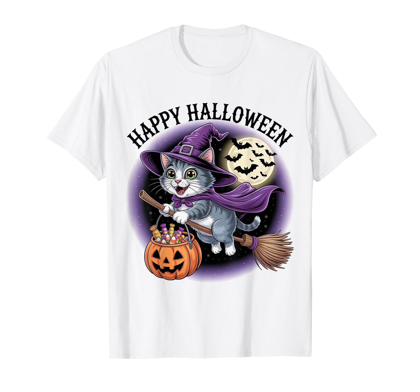 Halloween Witch Cat Flying on Broom with Pumpkin T-Shirt