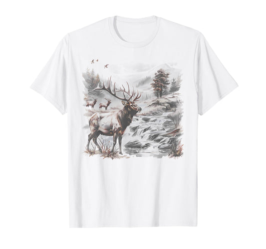 Vintage Bull Elk Deer Buck Wilderness Scene Elk Nature Kids T-Shirt